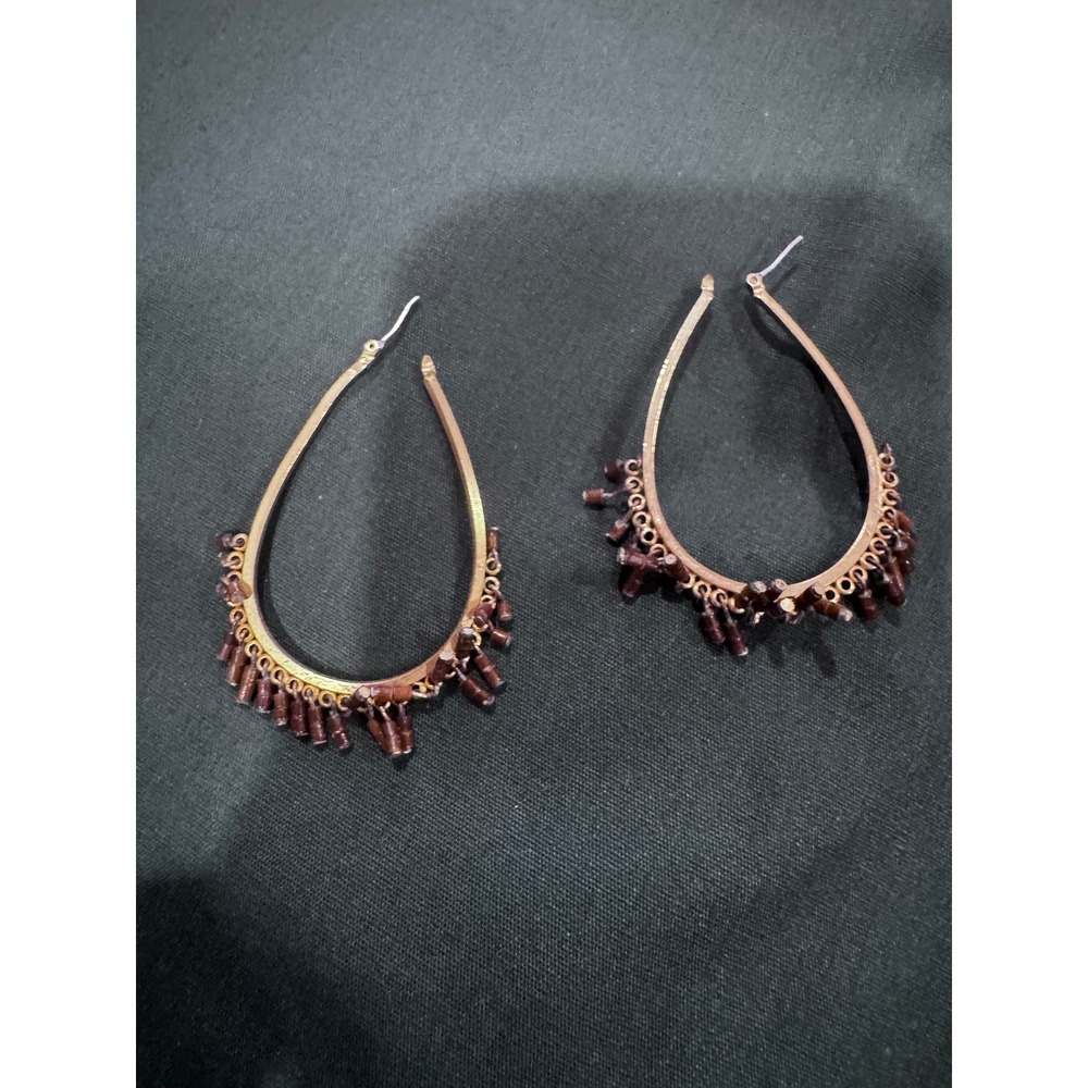 Gold Tone Teardrop Hoop Earrings with Brown Seed Bead Fringe Boho Style